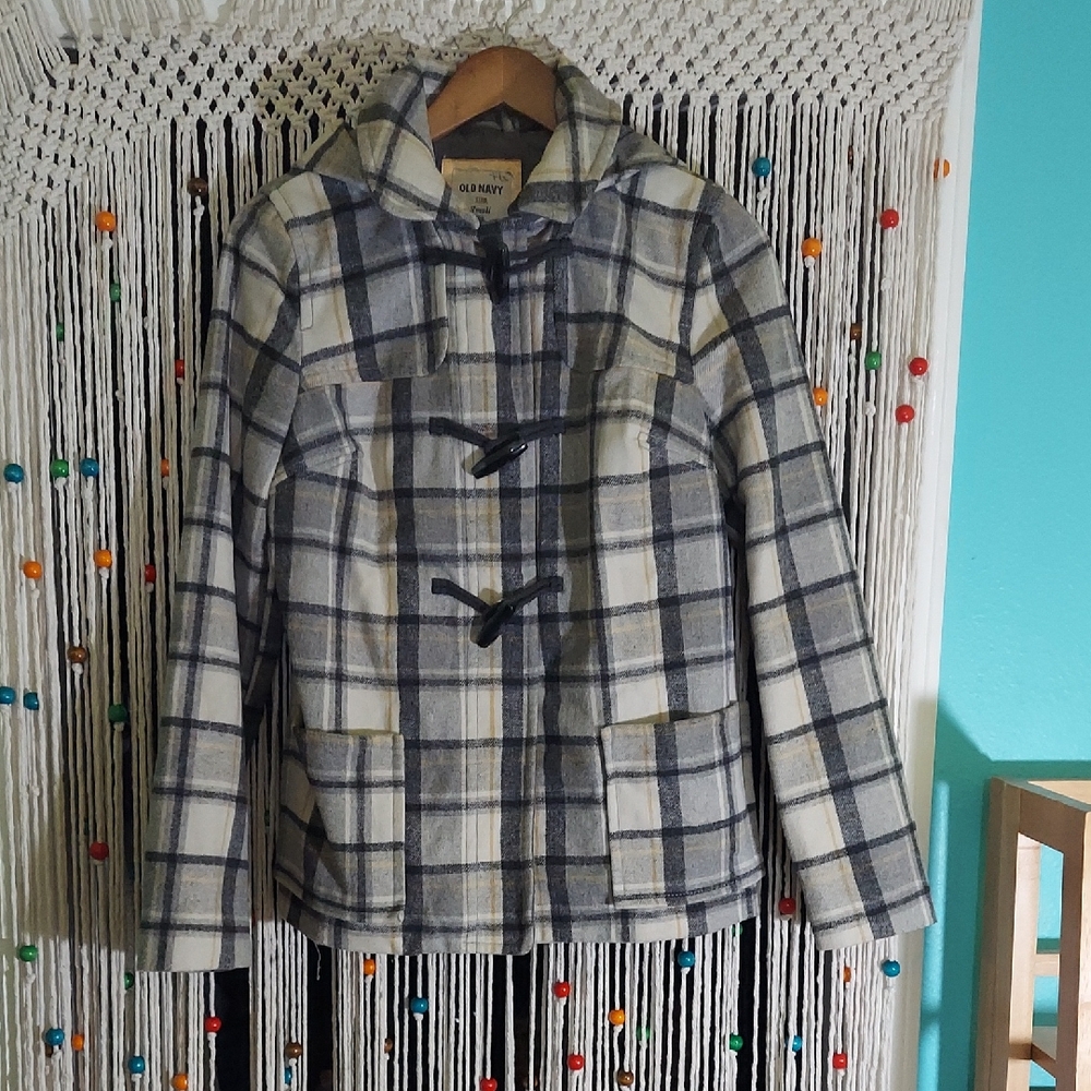 Old Navy Gray and Cream Plaid Hooded Pea Coat